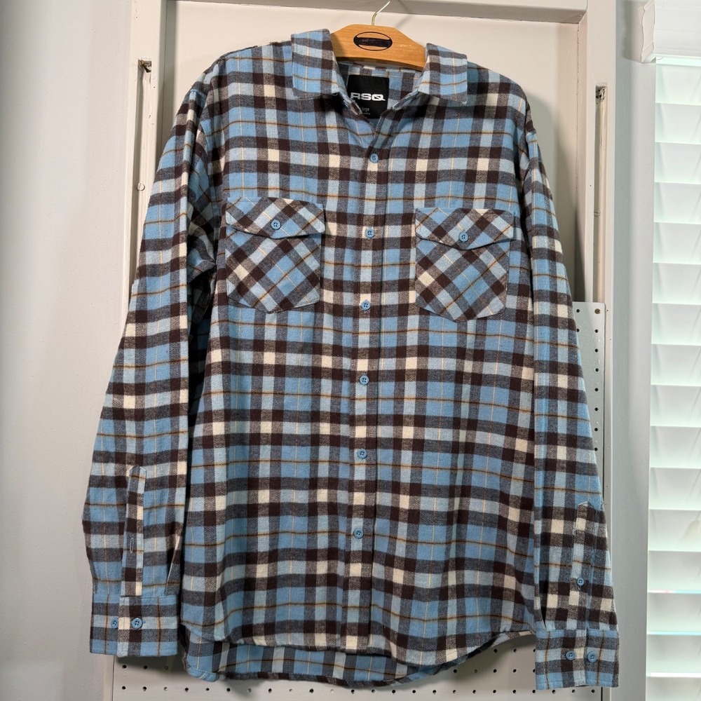 RSQ Soft Flannel Shirt Mens Light Blue Plaid Long Sleeve Pockets Classic - Large